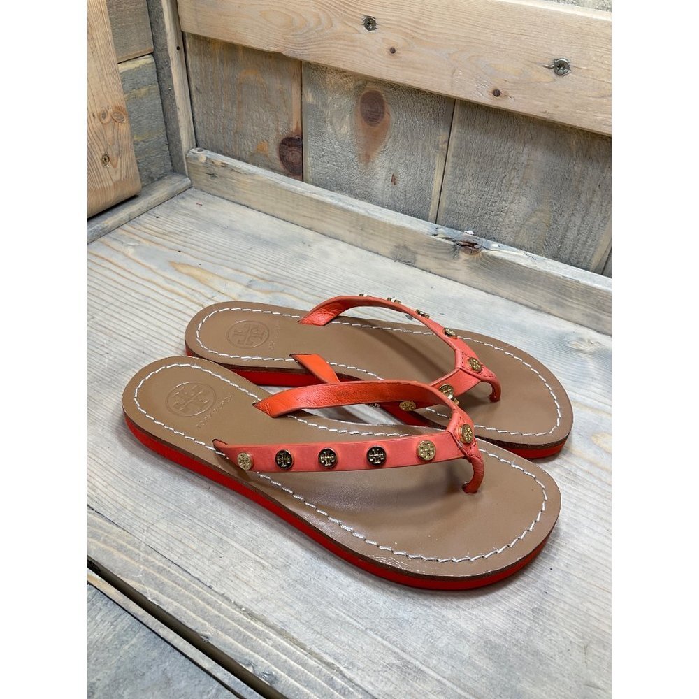 TORY Burch Sandals Womens US6 6.5 Orange Suede Thong Flip Flops Slip On Casual F - Picture 2 of 7